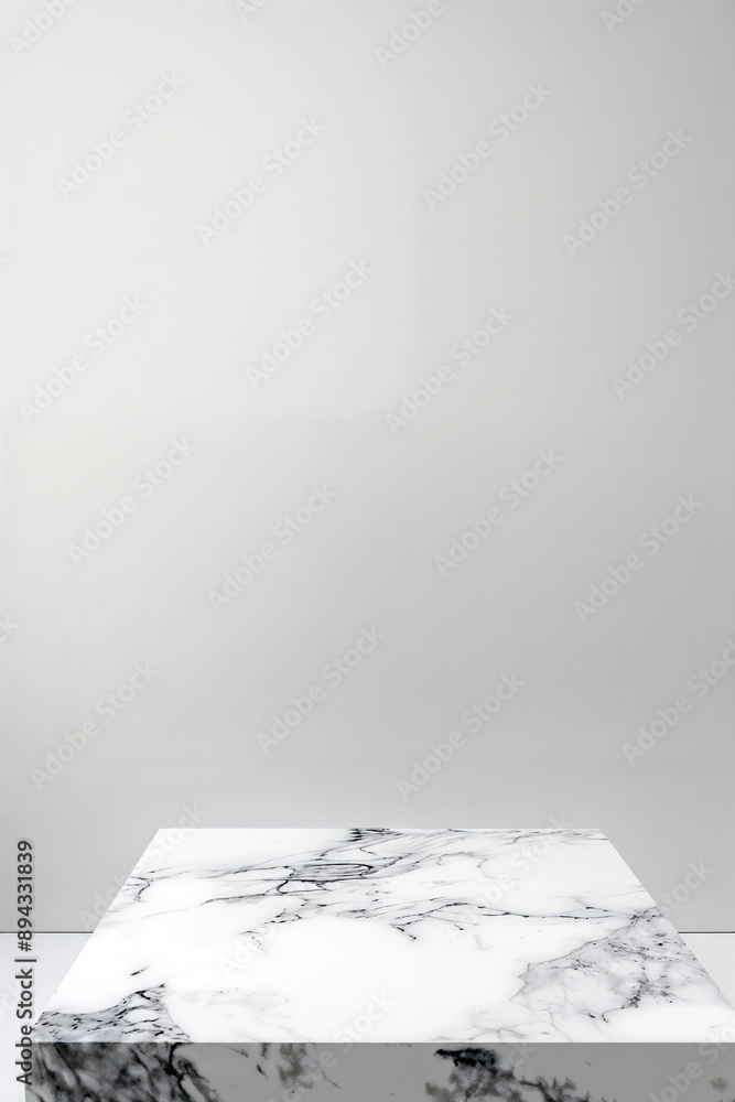 Poster empty white marble table top on plain white background providing space for text