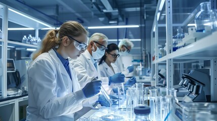Professional health care researchers conducting advanced medical science experiments in a high-tech laboratory setting, focusing on chemistry and innovative medicine technology for hospital applicatio
