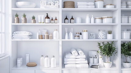Modern white shelving unit for your bathroom organization. This unit offers sleek design with open shelves, giving you a stylish way to showcase and organize items.