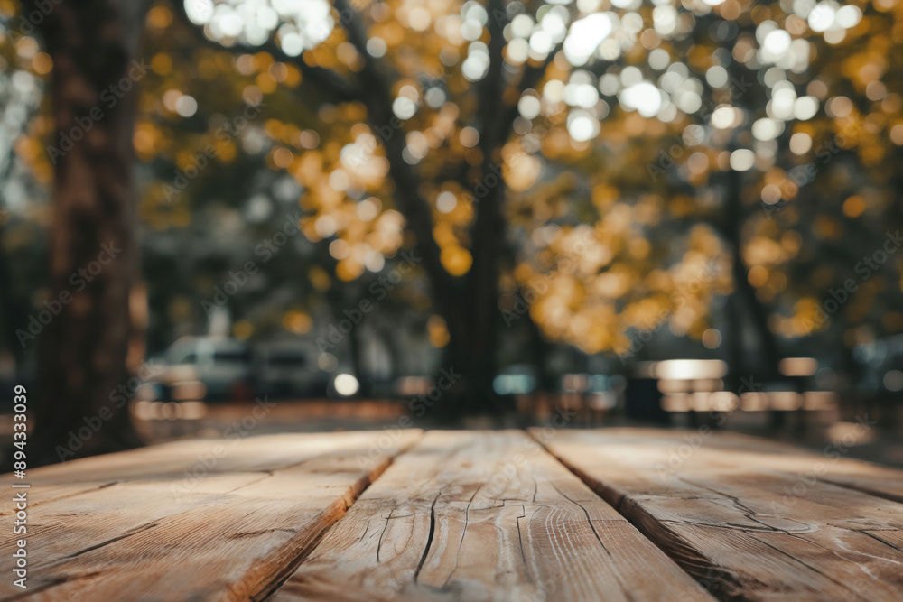 Poster Empty wooden table in autumn park with blurred trees in background in sunlight. Perfect for product display