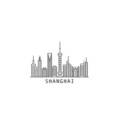 Obraz premium Shanghai skyline city panorama vector flat modern logo, icon. China metropolitan horizon emblem with landmarks and building silhouettes. Isolated thin line graphic