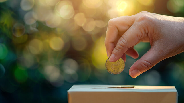 Close-up of a hand putting a coin into a donation box.