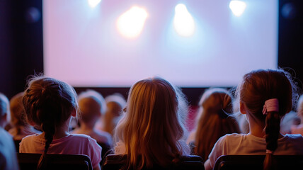 Children attentively watch a movie in the cinema, rear view