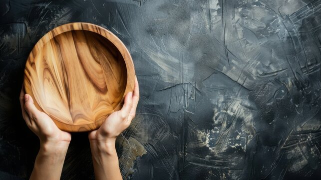 World Hunger day. Empty wooden plate in hands on a dark background. Horizontal banner. Free space for text. Promoting Global Food Security, Fighting Hunger, food availability