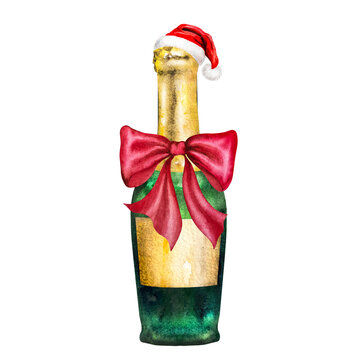 recommend clip art: Watercolor illustration of a bottle of champagne with a Santa cap and a red bow. New Year's illustration hand drawn