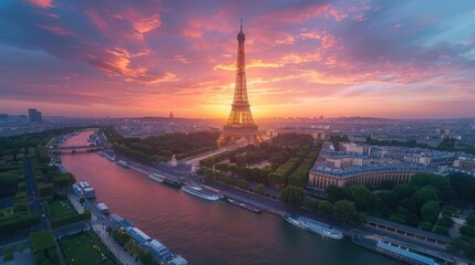 Aerial view of the Eiffel Tower in Paris at sunset. Lavender Purple Background. Olympic Paris 2024, For artwork of leaflet, and poster design, wall art space,  website, and media decor, 