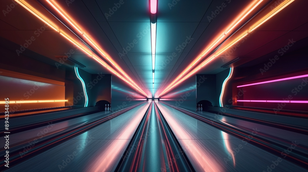 Canvas Prints Modern bowling alley with neon lighting featuring orange, blue, and pink hues along multiple lanes, giving a futuristic and vibrant feel.