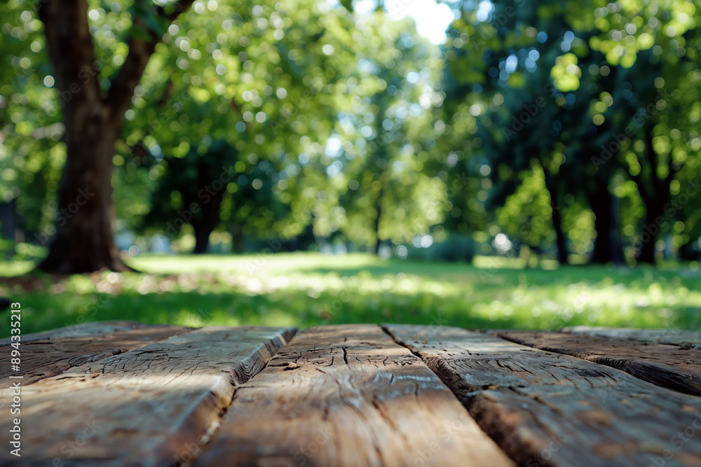 Aufkleber empty wooden table in sunlight with green park background, blurred for tranquility. perfect for prod