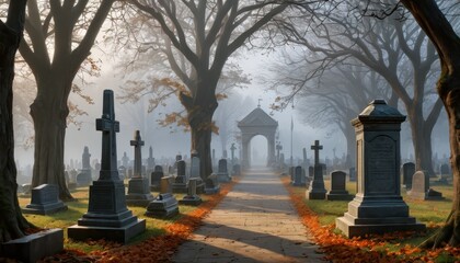 Obraz premium Foggy Cemetery Path.