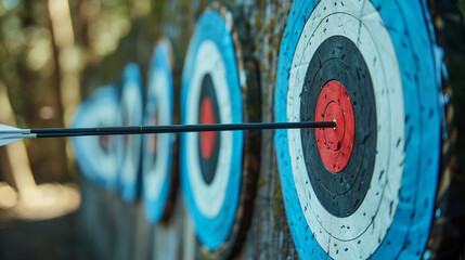 A row of round archery targets lined up in a line. You can see precisely placed targets, each with clearly marked scoring zones, ready for arrow shooting.
