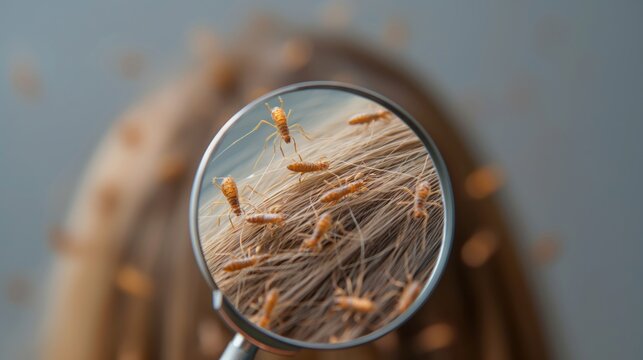 Close-up of several lice on human hair being examined under a magnifying glass.