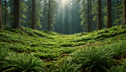 Sunbeams Through a Mossy Forest Floor.