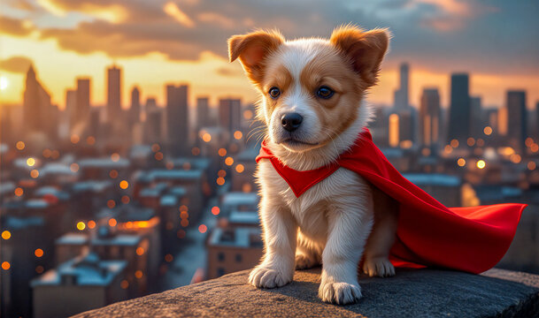 A brave superhero puppy looks out over an illuminated cityscape at sunrise.