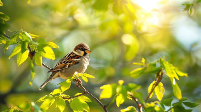 Sparrow on a tree branch covered with green leaves on a sunny spring day.
- Powered by Adobe