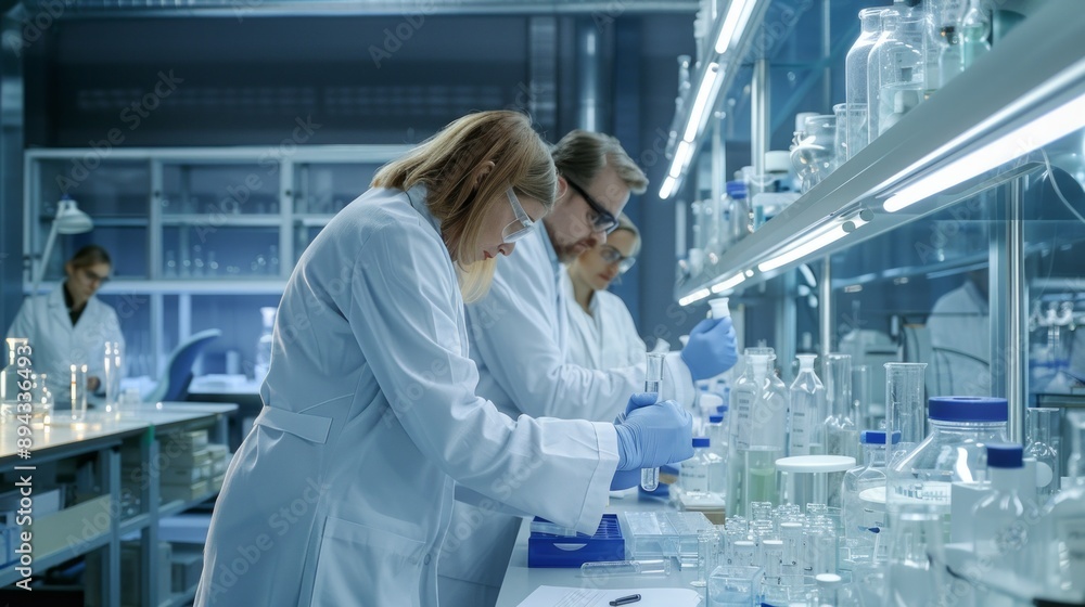 Poster scientists collaborating in a modern laboratory setting, analyzing samples with microscopes and labo