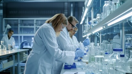 Scientists collaborating in a modern laboratory setting, analyzing samples with microscopes and laboratory equipment, engaged in research and experiments in a high-tech science facility