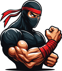 Adobe Illustrator Artwork A strong angry ninja man with ninja face mask, and close the feast © Akshay