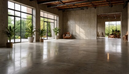 Obraz premium Modern Interior Design with Large Windows and Concrete Floor.