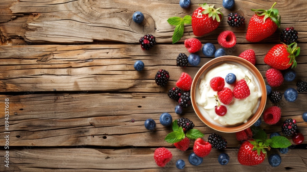 Aufkleber top down view of wooden table with fresh fruit and yogurt topping and empty space for text