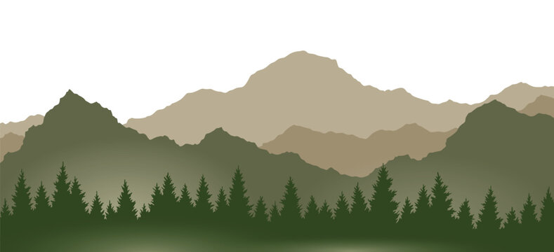 Foggy mountains landscape background. Smoky and rocky panorama with mountains skyline and pine tree forest silhouettes. Scenery with slopes, vector cartoon illustration