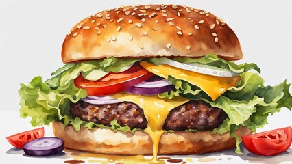 A watercolor classic hamburger, featuring a juicy beef patty, fresh lettuce, tomato slices pickles and melted cheese