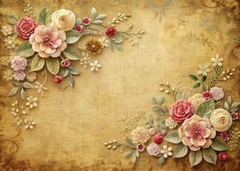 Vintage-inspired distressed textured background adorned with intricately embroidered paper flowers in muted tones on a golden haze, evoking nostalgia and retro charm.