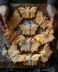 top view of children's hands preparing many cookies in the form of bats for Halloween on wood background. sweet snacks, themed party food.