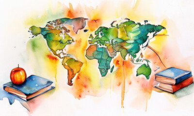 Happy World Literacy and book Day. watercolor painting  illustration with books and world map in a concept of a literacy day.