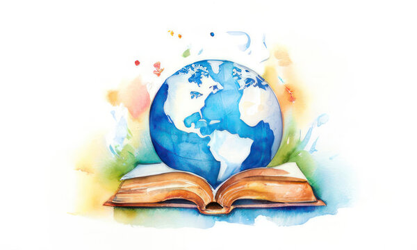 Happy World Literacy and book Day. watercolor painting  illustration with books and world map in a concept of a literacy day.