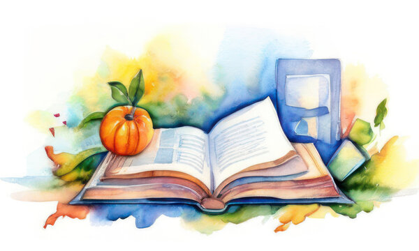 Happy World Literacy and book Day. watercolor painting  illustration with books and world map in a concept of a literacy day.