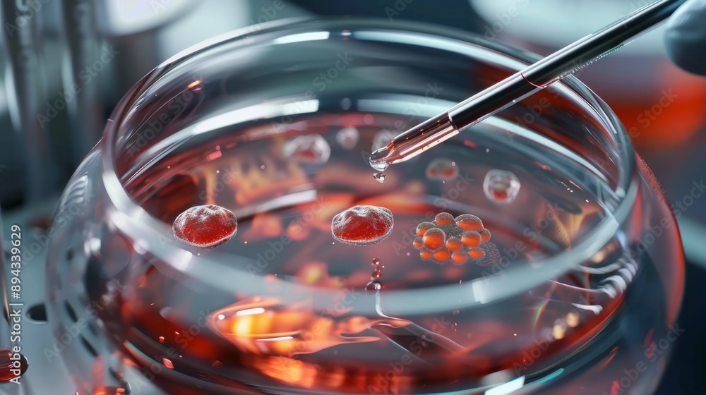 Poster stem cell research concept with scientists in lab coats working on cell cultures and analyzing data 