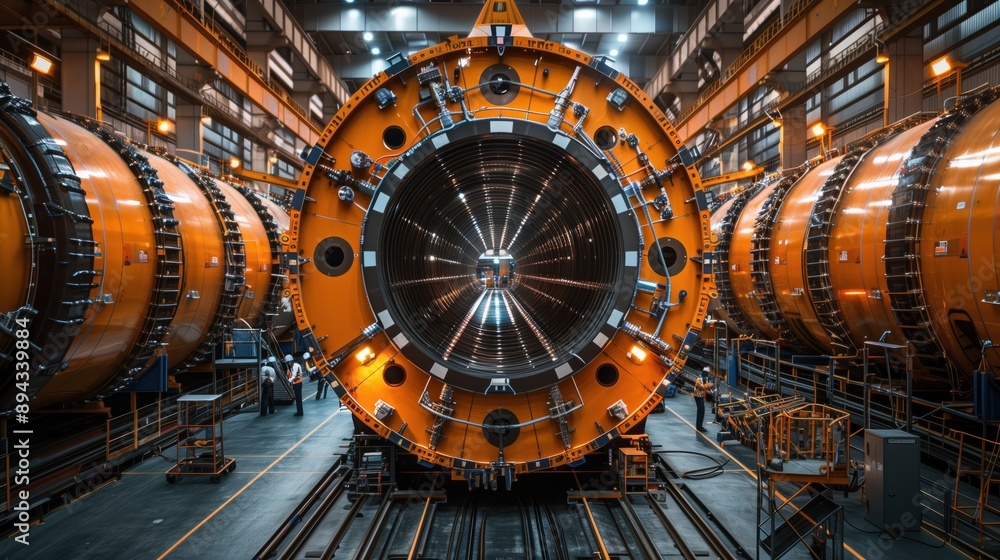 Poster massive tunnel boring machine in factory. massive tunnel boring machine being assembled in a large f