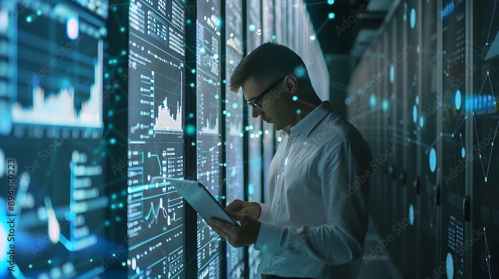 Poster man with data analytics chart graph screen visualization for modern futuristic digital business inno