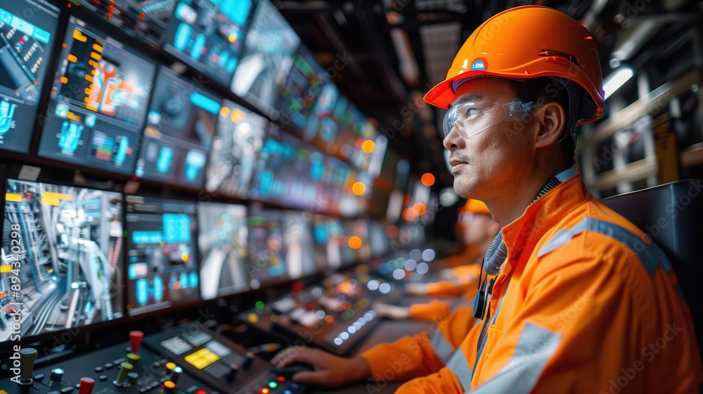 Poster engineer in a control room with multiple screens, monitoring the operation of a tunnel boring machin