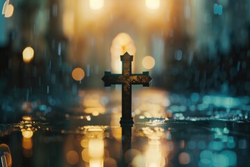 Abstract christian cross in church on clean background and bokeh.