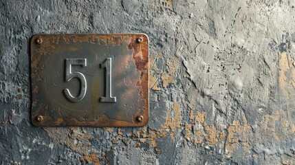 Metal house number plaque 51 on concrete backdrop with space for text