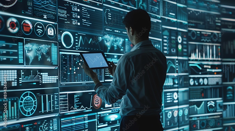Poster man with data analytics chart graph screen visualization for modern futuristic digital business inno
