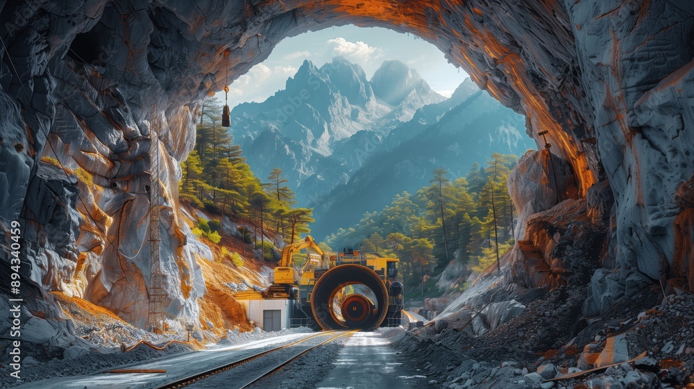 Poster tunnel boring machine entering a tunnel in the mountains, with engineers overseeing the operation, h