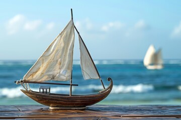 A model of a traditional dhow sailing boat on a table, with the ocean in the background