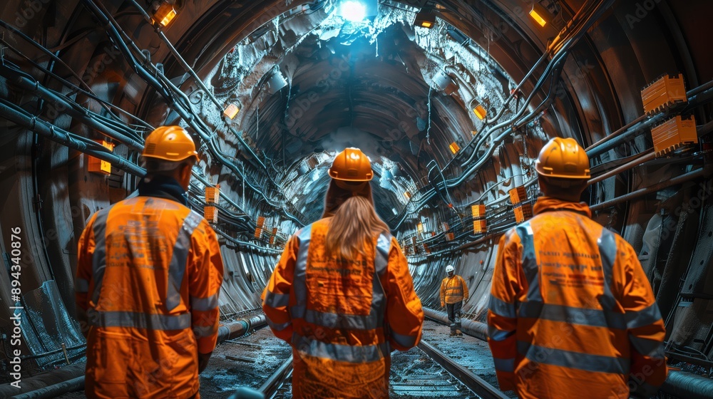 Poster tunnel boring machine (tbm) is used in advanced tunnel construction, with engineers monitoring the p