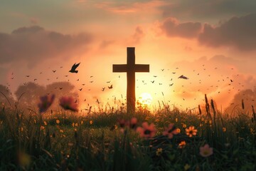 Easter Religious concept  Silhouette cross and birds flying on meadow autumn sunrise