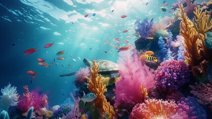 Underwater diverse coral reef teeming with colorful fish, a sea turtle, and various marine life