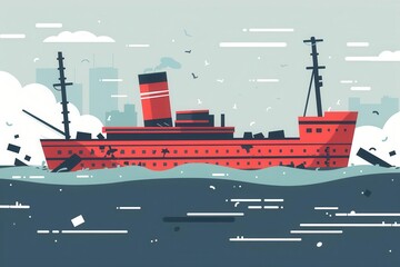 Economic downturn, sinking ship metaphor, flat design illustration