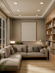 Modern, luxurious living room features a grey L-shaped sofa, a bookshelf, a frame mockup on the wall