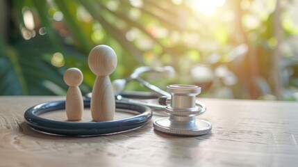 Stethoscope with small wooden family member figures on doctor's table in clinic or hospital, illustrating medicine, family health care, and regular checkups, with blurred background for medical text