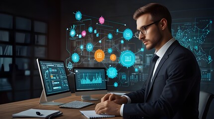 The concept of business process management and automation with a workflow flowchart on a digital screen and a businessman. generative.ai