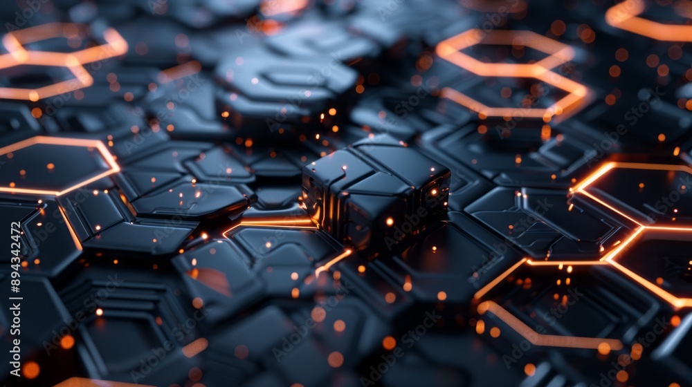 Poster futuristic hexagon data transmission concept in structural communication technology, 3d rendering of