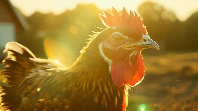 High Definition Close-Up of a Chicken in the Morning Sun