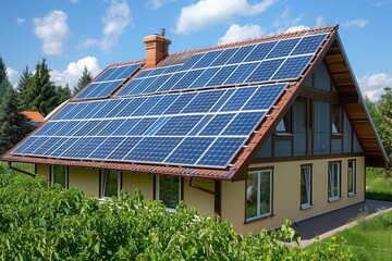 Fototapeta premium Eco-Friendly Living: Happy Family Utilizing Solar Panels for Sustainable Home - Renewable Energy Investment