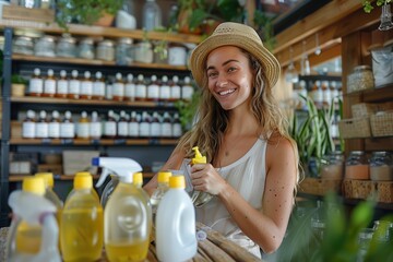 Eco-Friendly Living: Woman Cleaning with Non-Toxic Products for a Sustainable Home, Reducing Chemical Usage